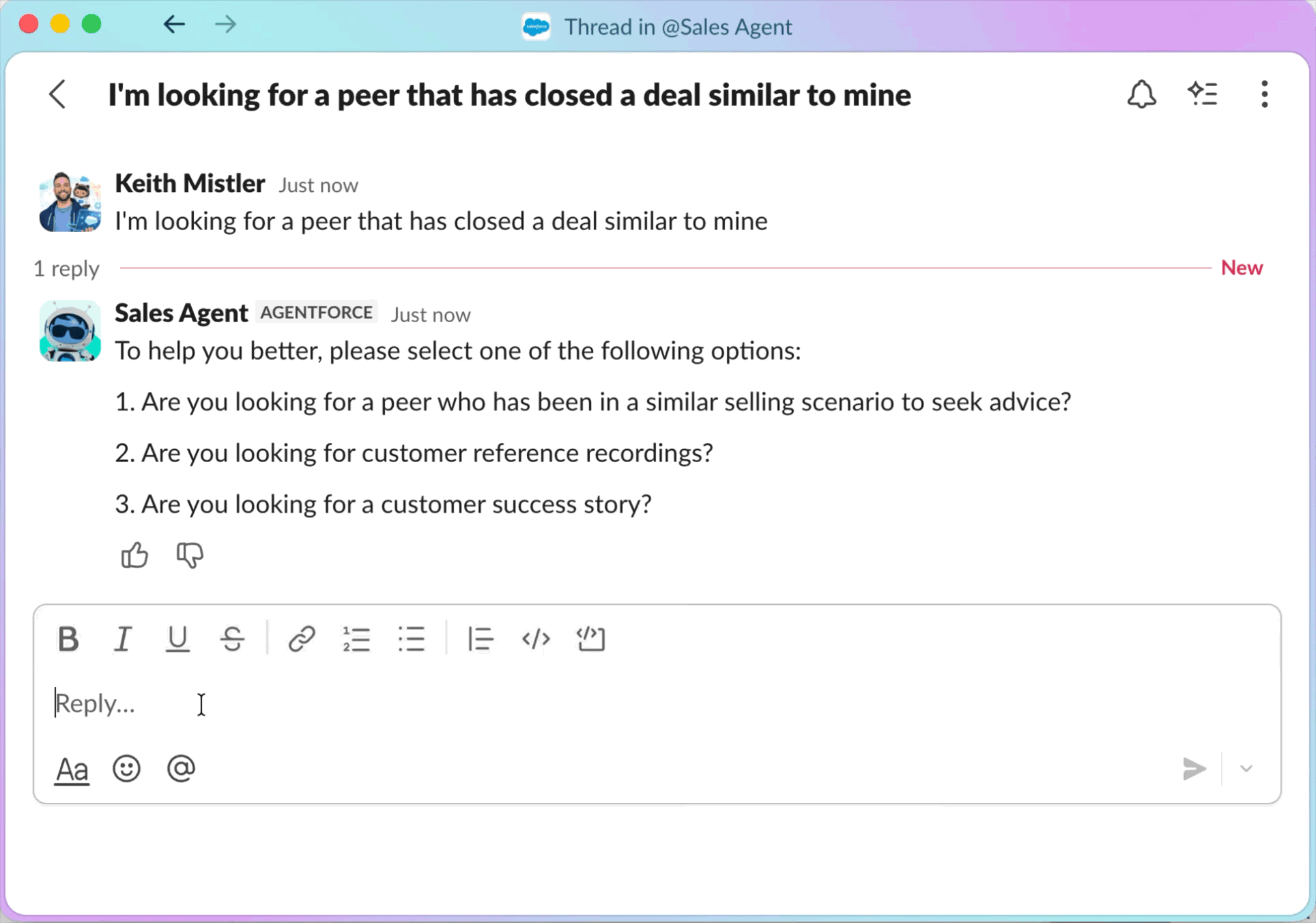 A seller asking the Phone a Friend agent for a peer who closed a similar deal