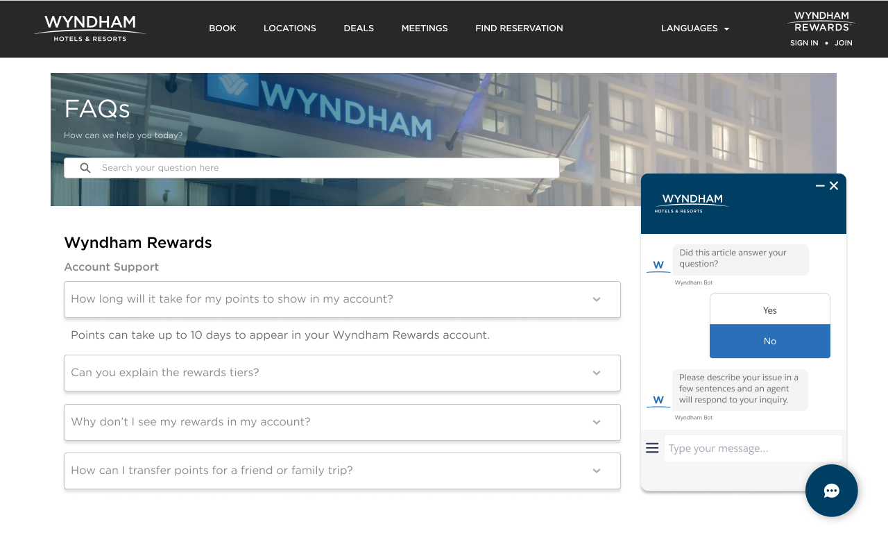 Wyndham Rewards help and FAQ screen