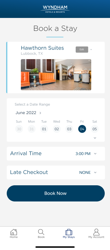 Book a stay screen