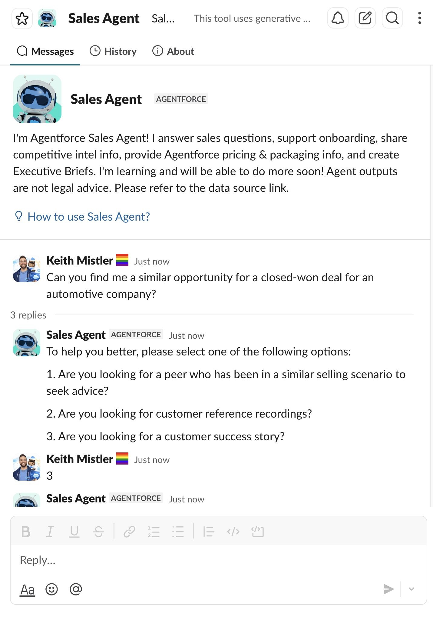 The shipped Sales Agent in Slack: Keith asks for a similar closed-won opportunity for an automotive company, and the agent asks whether he wants a peer, a customer reference recording, or a customer success story.