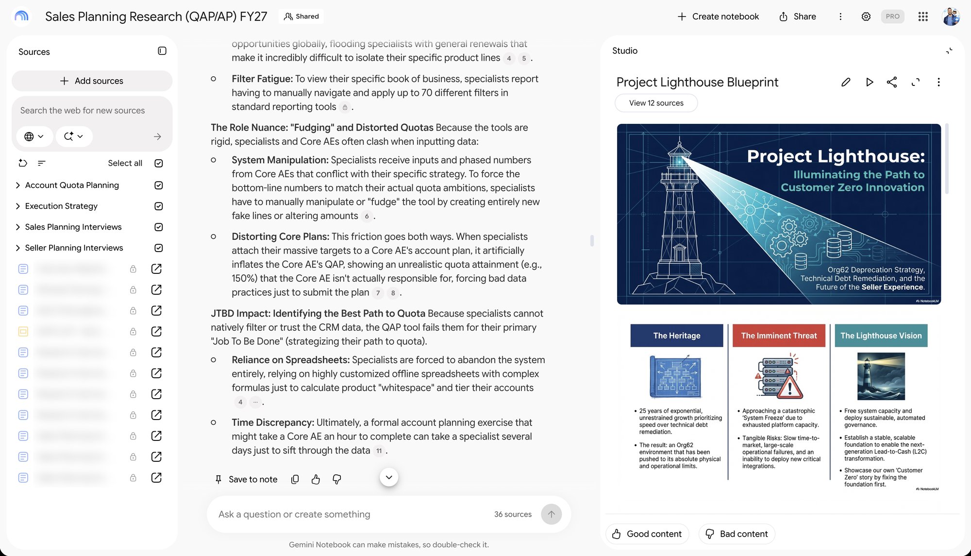 Shared NotebookLM notebook for the sales planning research, showing a cited answer about seller pain points and a generated project overview