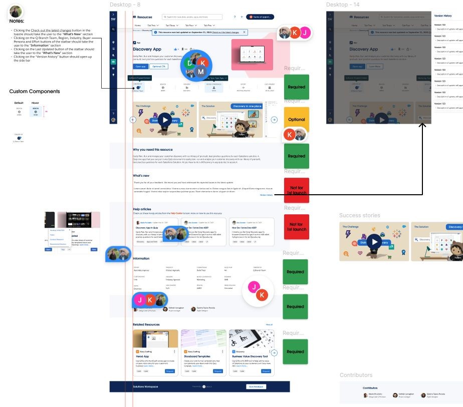 MVP scoping board: the full App template marked Required, Optional, and Not for 1st launch section by section, with interaction notes, custom component states, and the version history panel.